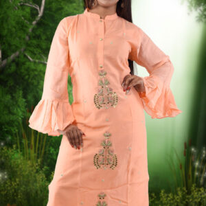 Peach Muslin Silk Designer Kurti with Bell Slvees | Ladies Kurti Wholesaler in Kolkata | Ruchika Syntheticss
