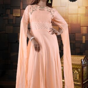 Peach Muslin Silk Party wear Gown with Stylish Slvees | Designer Kurti Manufacturer in Kolkata | Ladies Kurti Wholesaler in Kolkata | Ruchika Syntheticss