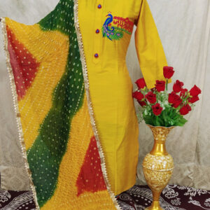 Yellow Bangalori Silk Jay Shree Shyam Kurti with Bandhej Dupatta | Ruchika Synthetics| Designer Kurti Manufacturer in Kolkata | Ladies Kurti Wholesaler in Kolkata | Ruchika Synthetics