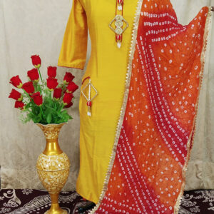 Yellow Bangalori Silk Traditional Kurti with Bandhej Dupatta | Ruchika Synthetics| Designer Kurti Manufacturer in Kolkata | Ladies Kurti Wholesaler in Kolkata | Ruchika Synthetics